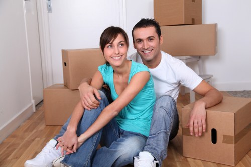 Packed office equipment ready for transport during a Croydon move